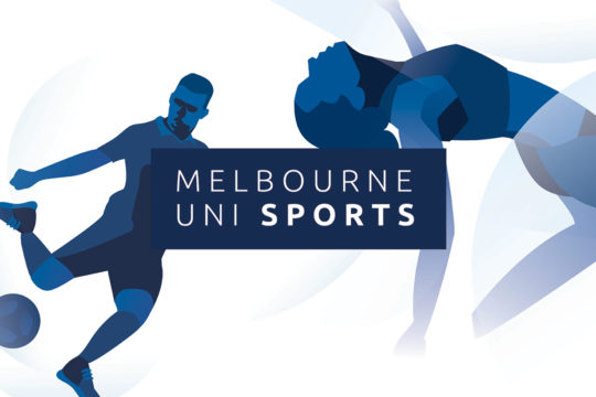 Melbourne univeristy sports logo with illustrations of a man and a woman in blue
