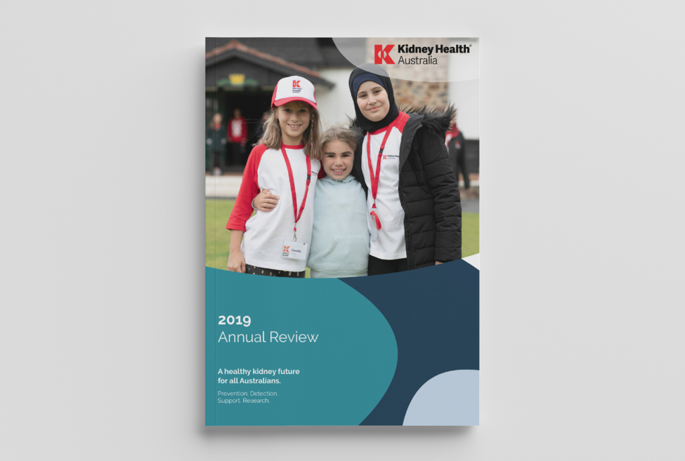 Kidney health australia annual review editorial with an image of two kids and a women on the cover.