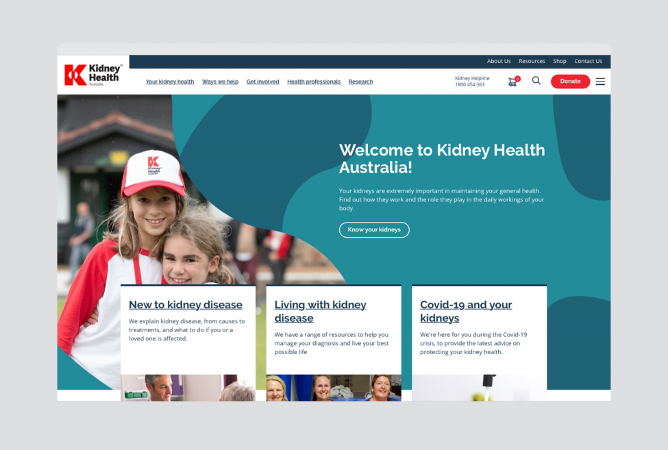 Homepage of the Kidney Health Australia website