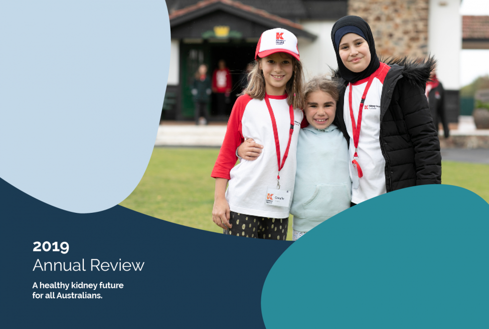 Kidney health australia annual review editorial with an image of two kids and a women on the cover.