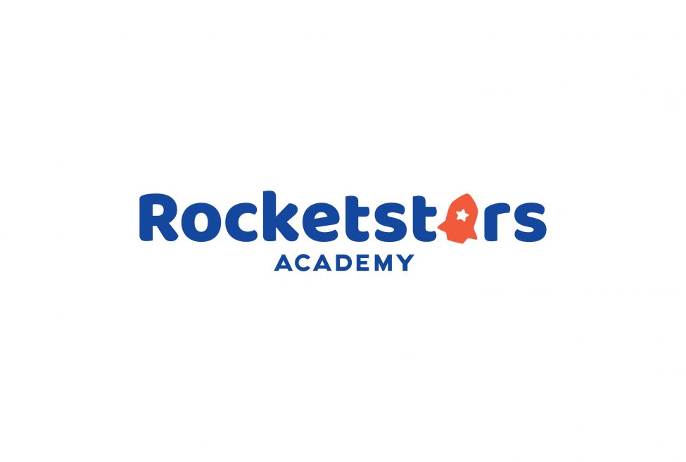 Rocketstars Academy white background with blue font