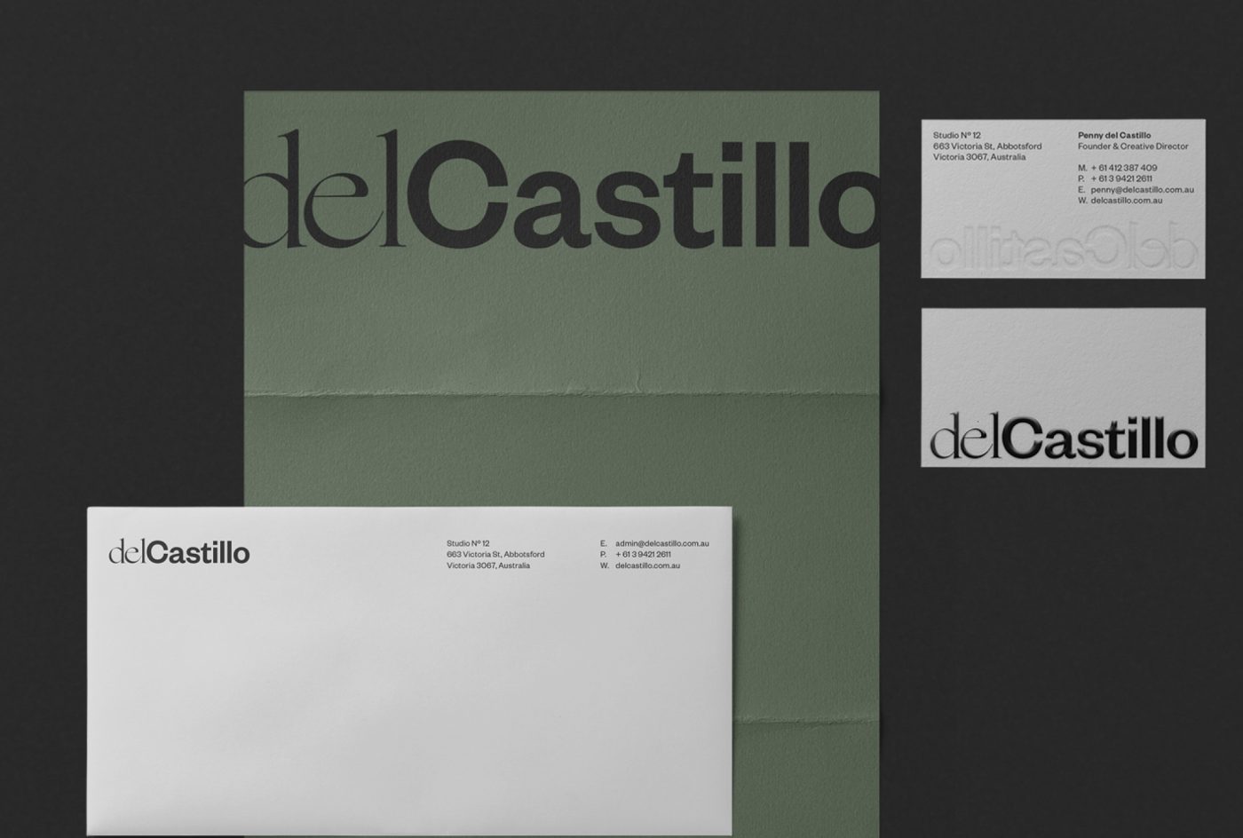 del Castillo letterheads in white and green