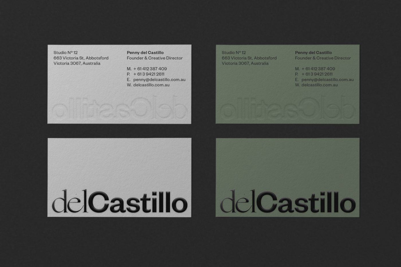 del Castillo business card in white and green