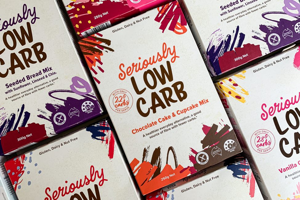 packaging of Seriously Low Card chocolate cake & cupcake mix and other varieties