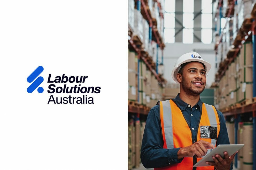 Labour Solutions Australia logo, and a tradie in a neon orange vest