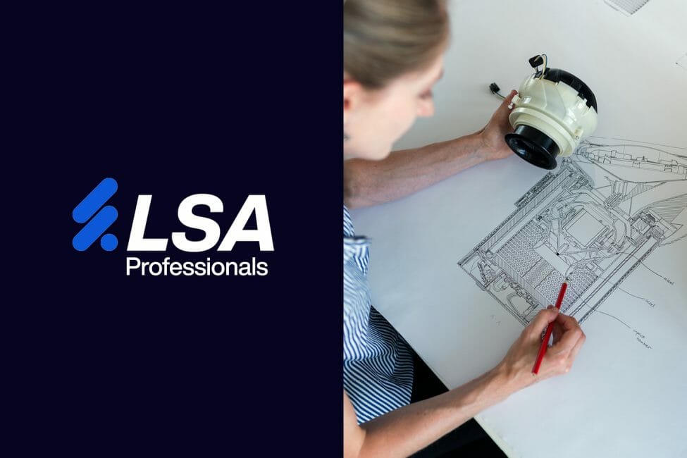 Labour Solutions Australia logo and a woman making the schematic diagram of a site