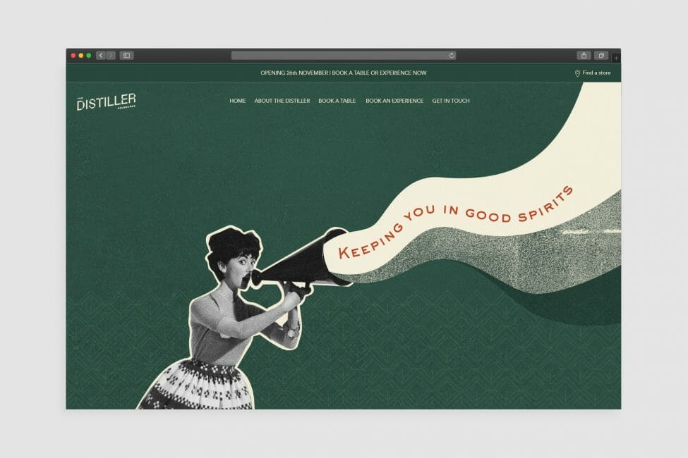 The Distiller homepage. The hero image is that of a retro/ vintage lady holding a speaker