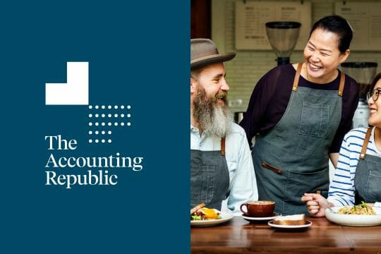 The Accounting Republic Logo / image of two women and a man in aprons at a cafe