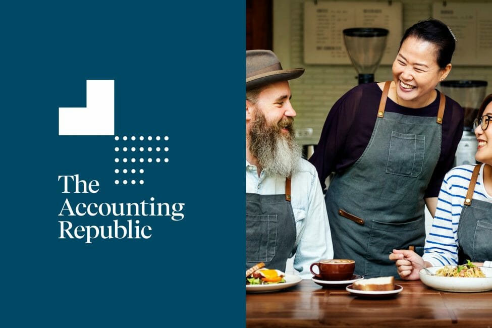 The Accounting Republic Logo / image of two women and a man in aprons at a cafe