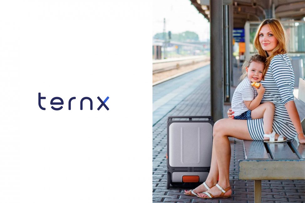 ternX poster of a woman sitting at a train station with a suitcase and baby